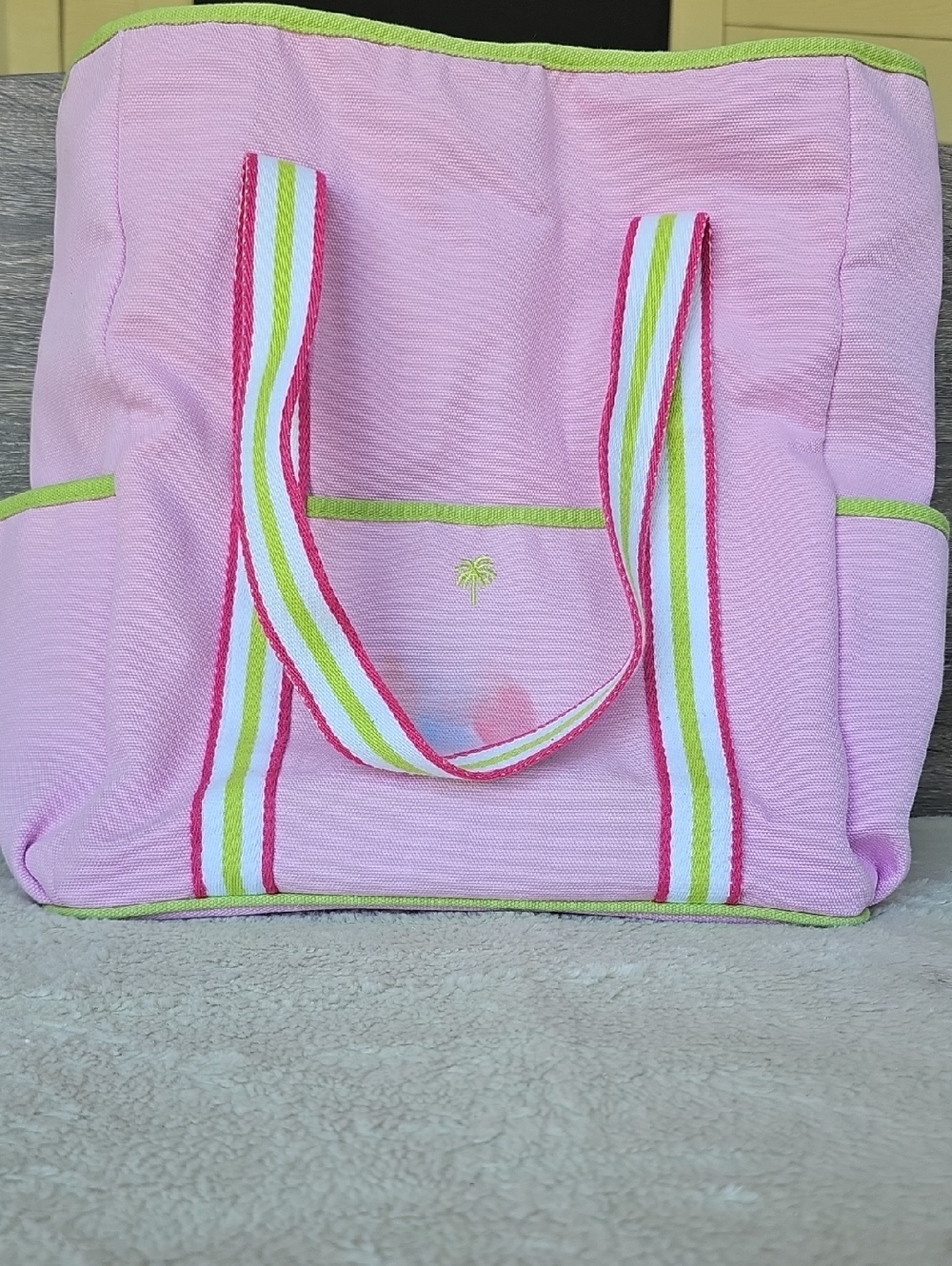 Lilly Pulitzer Pink Tote with Green Trim and Striped Handles